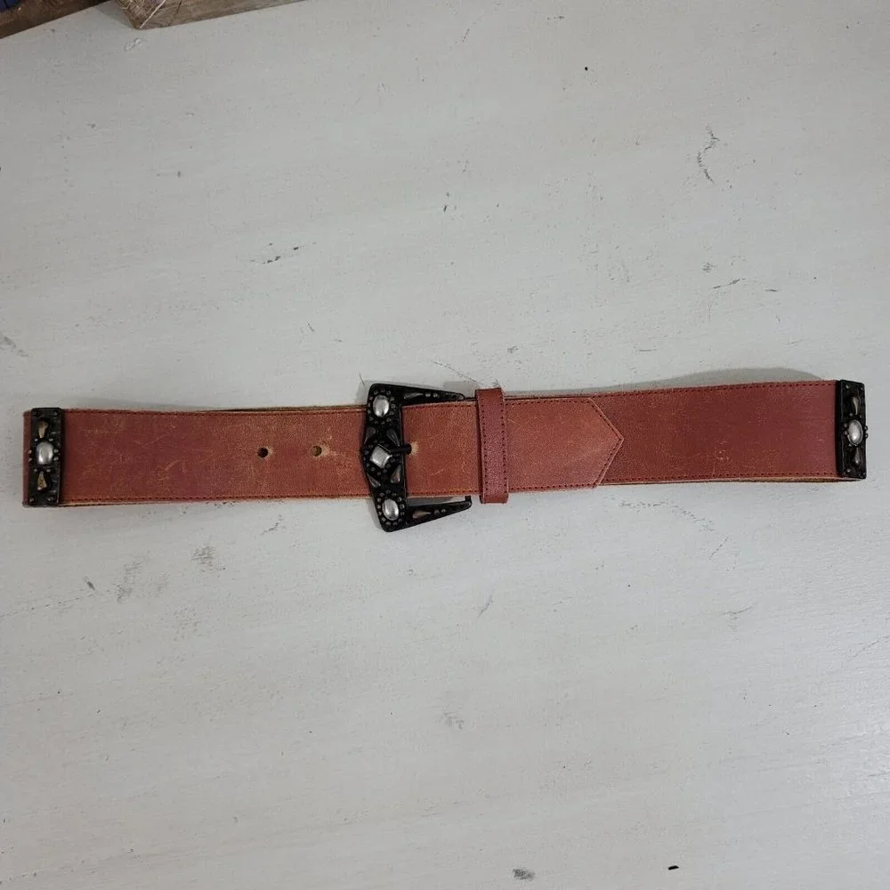 Studded Belt Womens Medium Brown Leather Sepia Tan Western Boho Embellished - Picture 4 of 10